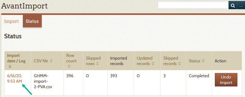 Status page showing statistics