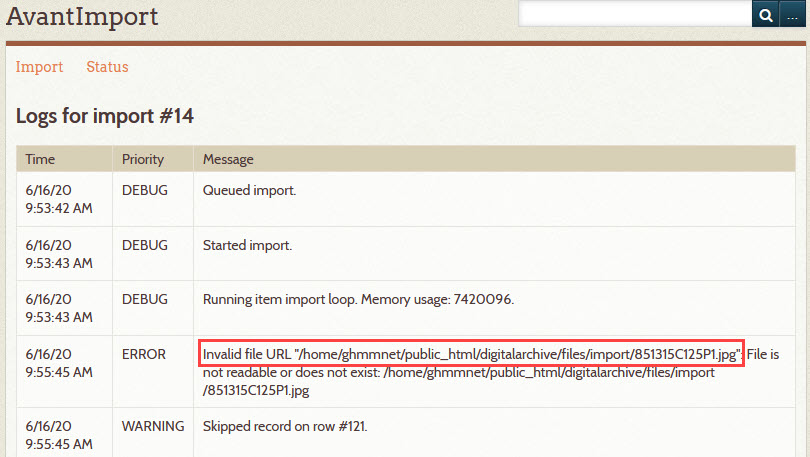 Log page showing error